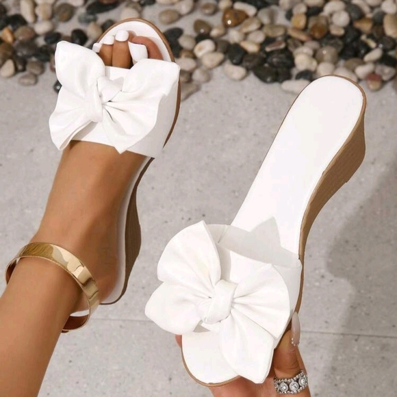 Shoes - Elegant Wedge Slide Sandals For Women, Bow Decor Wedge Sandals